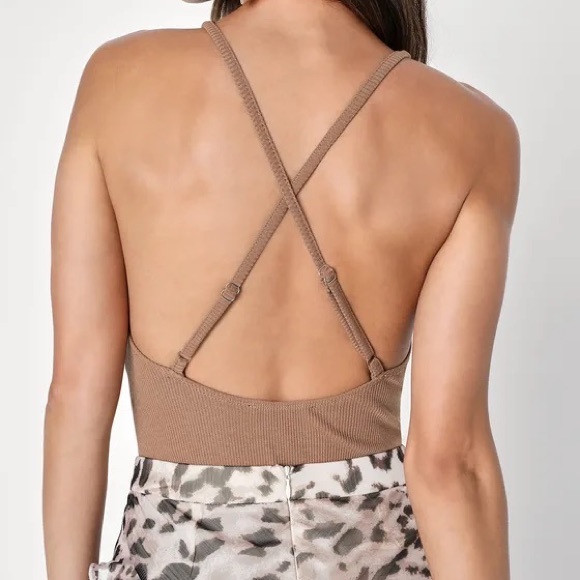 NEW Lulus Light Brown Cutout Ribbed Bodysuit - Picture 3 of 5